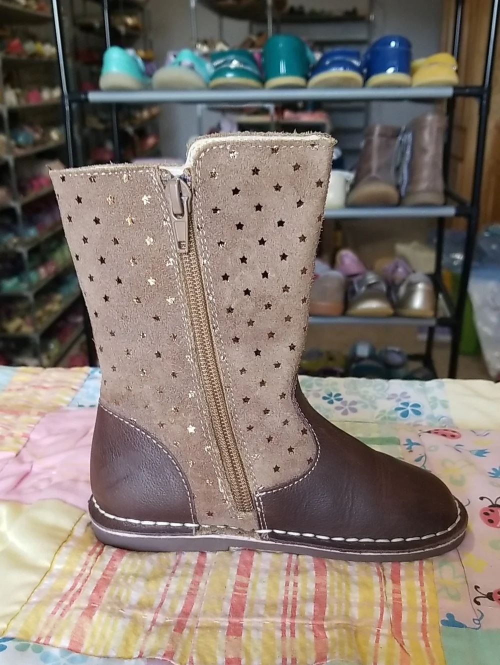 Livie & Luca Brown Leather and Tan Suede Boots With Gold Foil Stars Size 10 Vega